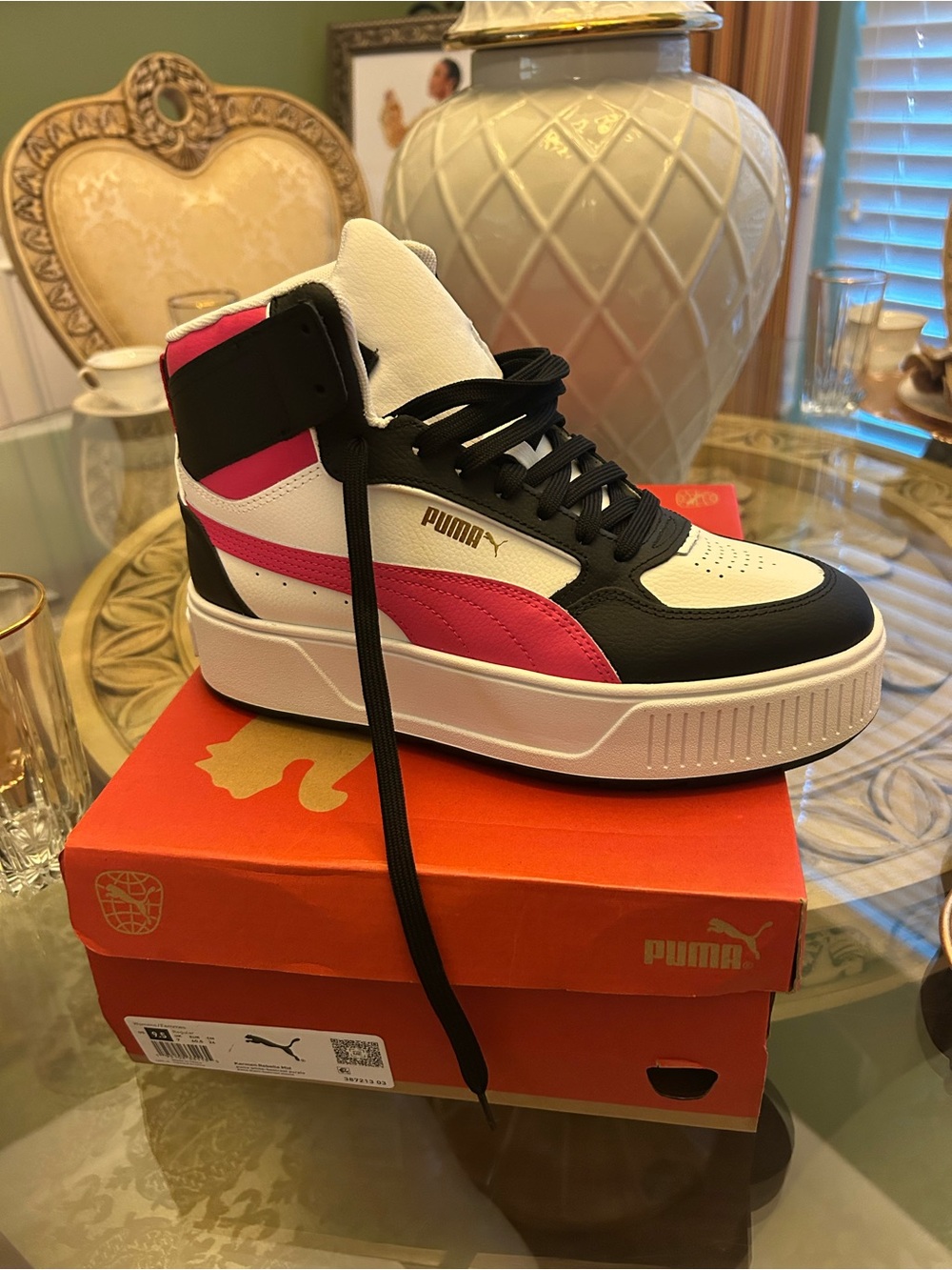 Puma Women’s High-Top Sneakers in White, Black & Pink